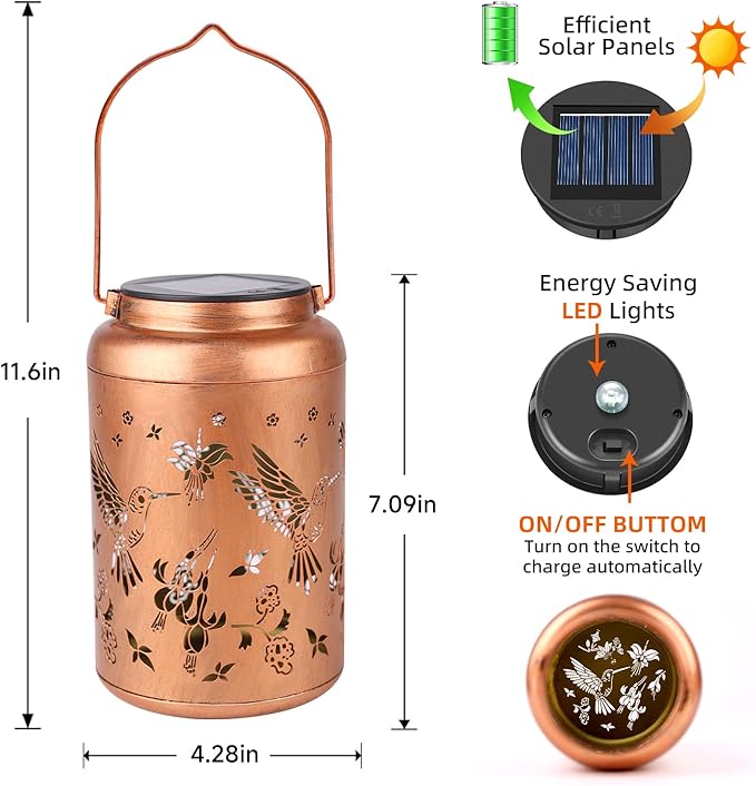 Hummingbird Solar Lanterns Outdoor Waterproof Hanging Solar Lights Metal Decorative LED Lanterns Outside Birthday Gifts for Women Men Mom Decor for Garden,Yard,Patio,Lawn 2Pack