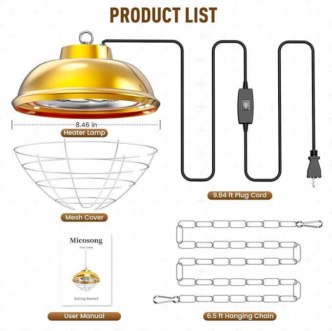 300 Watt Heat Lamp for Chicken Coop, Hanging Chicken Coop Heater, Carbon Fiber Bulb Waterproof Coop Heater with 2 Heating Levels, Chicken Warmer Lamp for Indoor Poultry Pet House Livestock Greenhouse