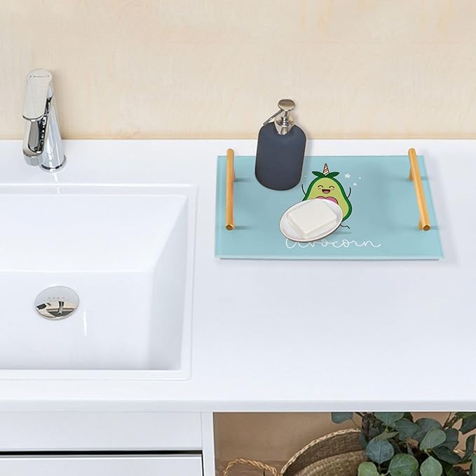 Bathroom Vanity Tray Counter Organizer, Cute Avocado Blue Decorative Tray with Handles Countertop Storage for Bathroom Bedroom Kitchen Home Farmhouse