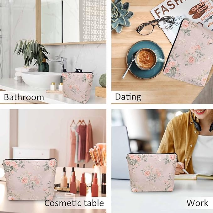 Makeup Bag For Purse Rose, Watercolor Floral Bouquet Roses Pink Cosmetic Bags For Women With Zipper Travel Toiletry Pouch Makeup Bags Makeup Organizers Purse For Toiletries Cosmetics