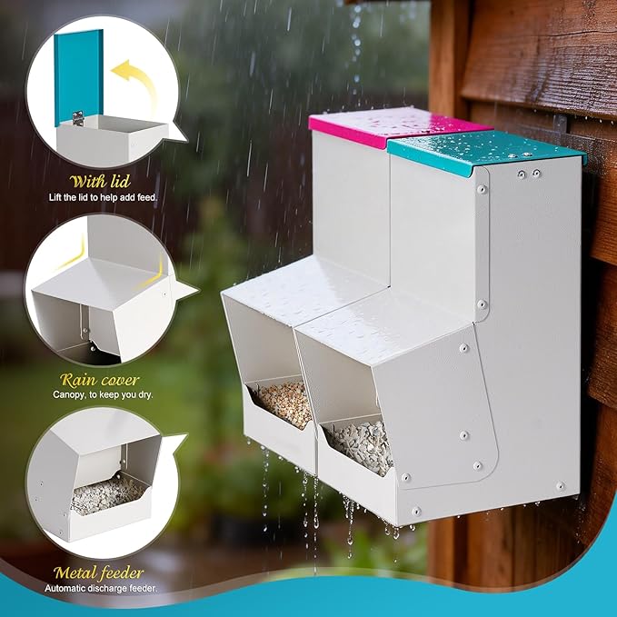 2PCS Metal Automatic Chicken Feeder, Wall Mount Hanging Poultry Feeder Dispenser with 2 Ports, 7lb Chicken Grit and Oyster Shell Feeder Trough No Waste for Outside Coop Quail Ducks Turkeys