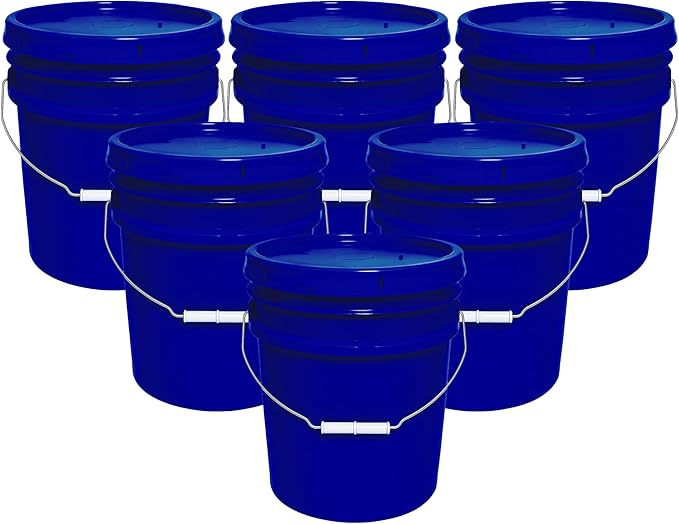 5-Gallon Bucket with Airtight Lid – Made in USA, Food Grade BPA Free Plastic, Heavy Duty Multi-Use, Metal Handle with Grip, Stackable Storage – Fina Blue, 6 Pack