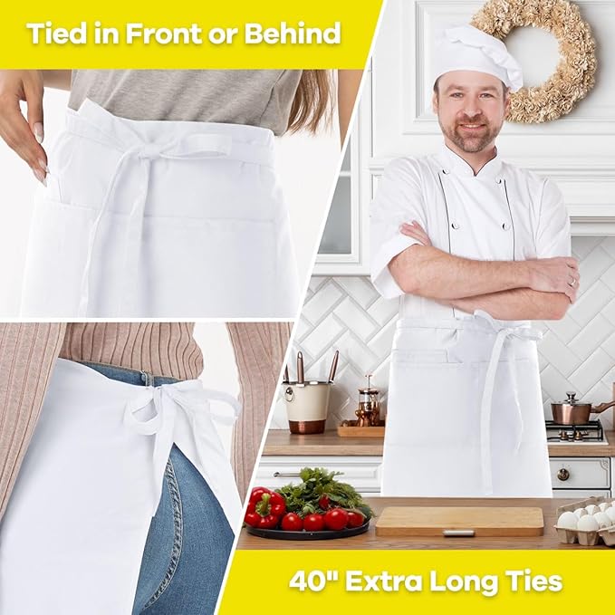 ROTANET Server Apron Black with 3 Pockets 18 Inch Long Waiter Waitress Bistro Half Waist Aprons for Women Men Waterproof