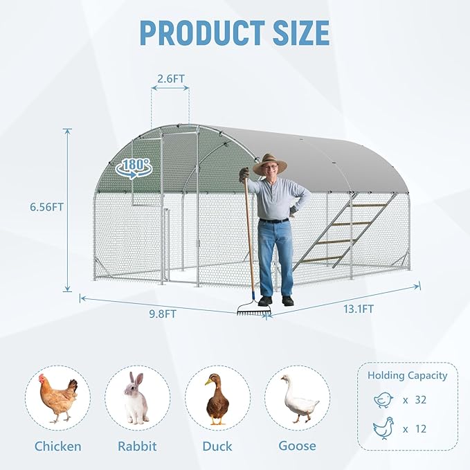 Large Metal Chicken Coop 10x13x6.5FT,Chicken Run for Yard with Feeding Door, Round Top Walk-in Chicken Pen,Outdoor Poultry Cage with Anti-UV Cover,Duck Rabbit House