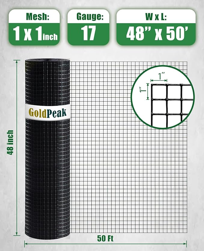 GoldPeak Black Vinyl Coated Hardware Cloth 1 inch Mesh 48'' x 50' 17 Gauge, PVC Coating Wire Mesh Roll Chicken Wire Mesh Garden Fencing Cage Wire Tree Guard Wire Mesh Fencing Welded Wire