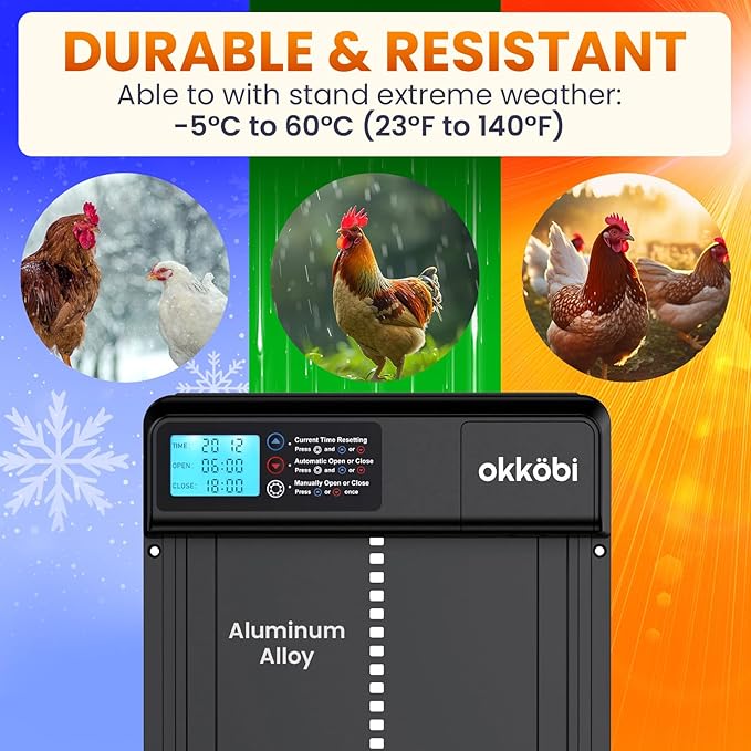 Automatic Chicken Coop Door – Coop Door Lite – Battery Powered (3X AA Included) – Timer & Manual Modes – LCD Display – Anti-Pinch Safety – 11" x 9.4" Opening