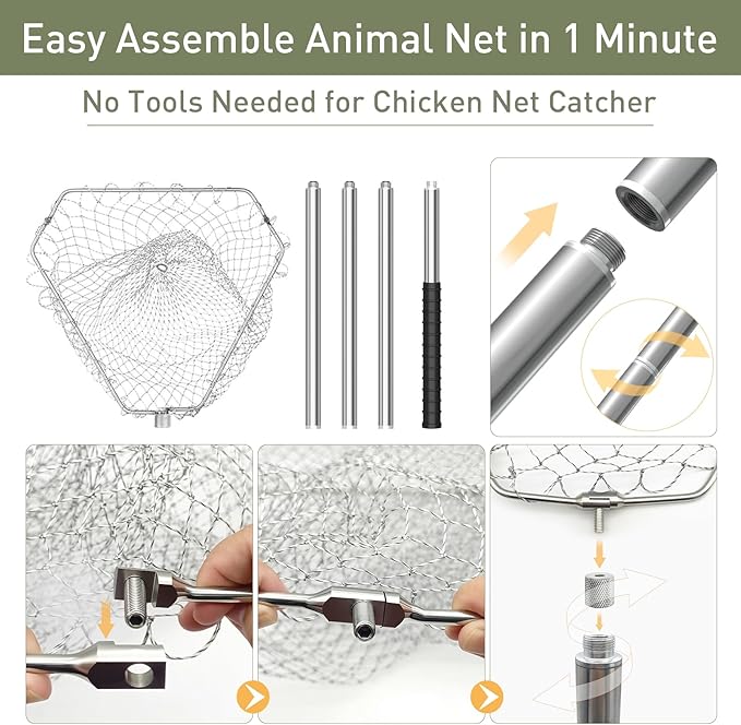 Heavy Duty Chicken Net Catcher - 17-65Inch Adjustable Stainless Steel Pole, 19Inch Large Opening Animal Net for Poultry/Birds/Fish, Foldable Metal Frame