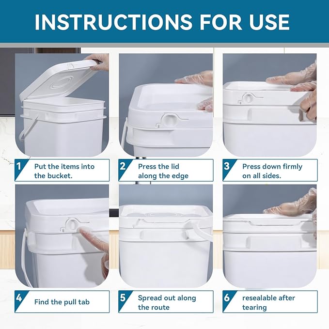 Bucket with Lid - 4 Packs Square Clear Plastic Storage Containers, Food Safe with Handle, Airtight Pressure Lids for Kitchen & Home (White, 0.8 gal)