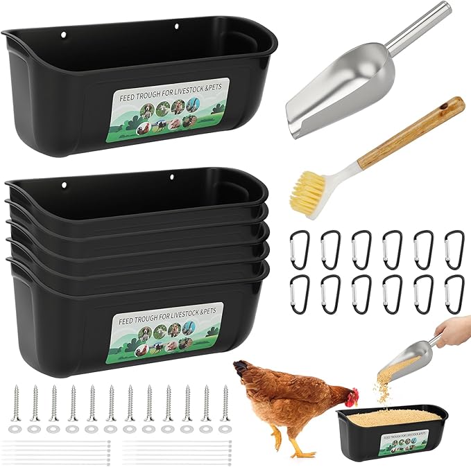 6 Pack Fence Feed Feeder 4.5 Quart Hanging Chicken Feeder Trough with Brush & Scoop Black Goat Hanging Fence Feeders Feeder with Hooks Screws & Zip Tie for Livestock Feeding Container Goats Supplies