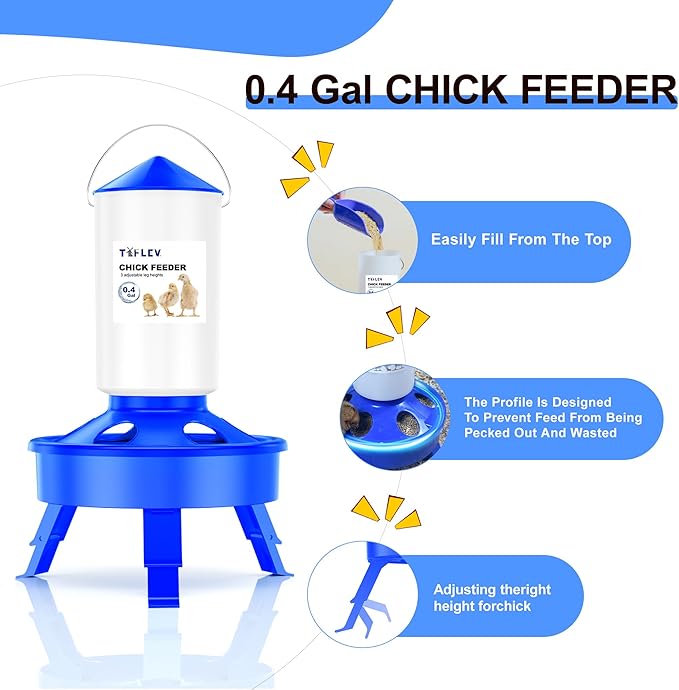 Top Filling Chick Feeder and Waterer Set with Scoop, 0.4Gal Chick Feeder and 0.4Gal Chick Waterer with 3 Heights Adjustable Legs for Chicks (Blue)