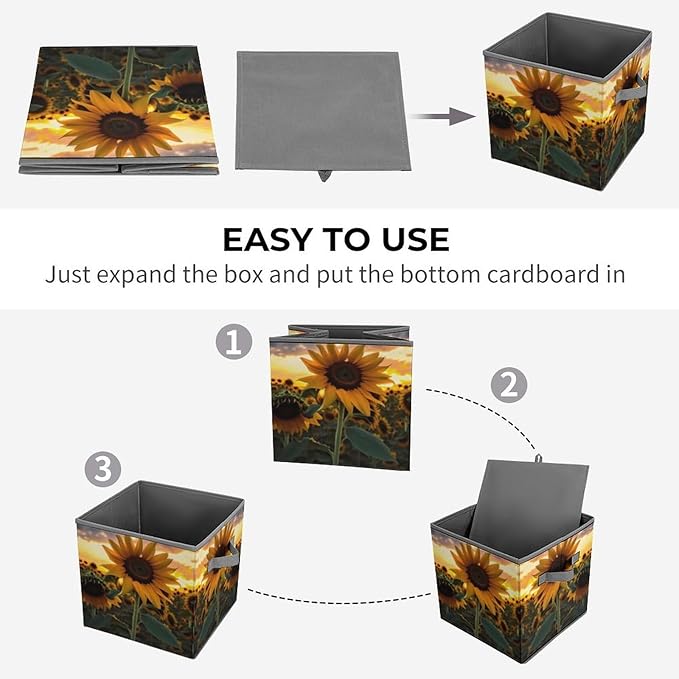 Farm Sunflower Storage Bins Cubes Fabric Cube Organizer with Handle Durable Storage Boxes Large Storage Baskets Foldable Cube Bins for Home Clothes Closet Organizers
