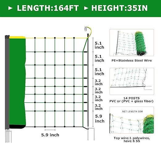 Electric Fence Netting, 35.4" H x 164' L, Portable Livestock Nets with 14 Posts Double Spiked for Hog, Dogs, Deer, Goats, Electric Fencing for Backyards, Homesteaders, Farms, Ranches, Gardens