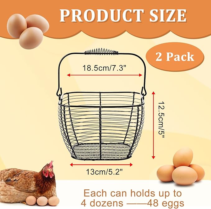 2 PCS 7" Black Square Wire Egg Baskets for Fresh Egg With Handle, Small Metal Collecting Basket for Gathering Fresh Eggs, Chicken and Duck Eggs Hunting Basket Egg Holder Countertop