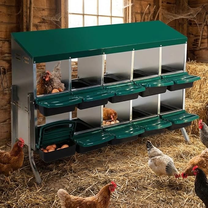 GarveeHome 2-Tier Chicken Nesting Box, 10 Compartment Metal Chicken Laying Boxes with Waterproof Roof ＆ Removable Trays for Hens, Poultry，Easy Egg Collection