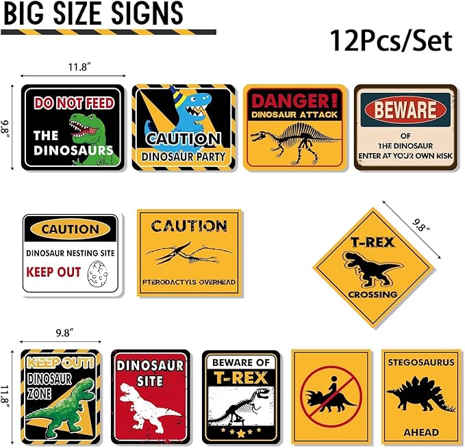 WERNNSAI Dinosaur Birthday Decorations - 12 PCS Dinosaur Party Supplies for Boys Kids Dino Birthday Funny Sign Decor for Jurassic Theme Baby Shower Holiday Party Favors Caution T-Rex Sign Wall Decor