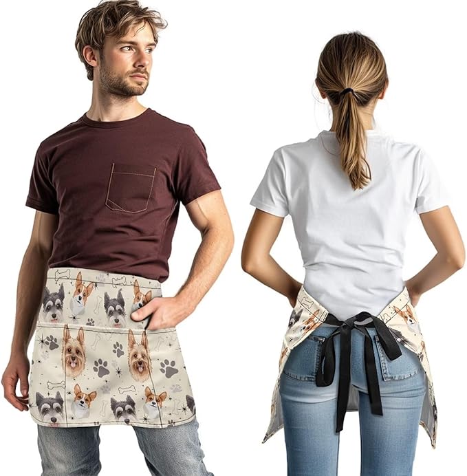 Waist Apron with 3 Pockets Waterproof 13 Inch Short Half Waist Aprons Women Men Server Aprons Waitress Waiter Apron
