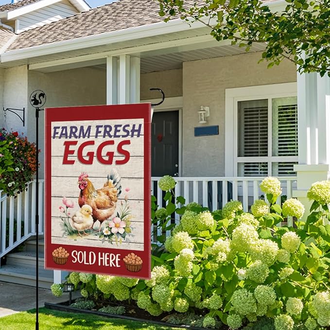 Farm Fresh Eggs Slod Here Garden Flag, Double Sided Farmhouse Chicken Coop Outdoor Decor Yard Flag Gifts, Welcome to the Farm Flags for Chickens Lover, Funny Chicken Sign Business Supplies
