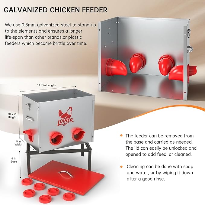 chicken food dispenser 25LB no waste chincken feeder 6 Ports Large Capacity Galvanized Metal Poultry Feeder with Legs and Lids - Reduces Refilling Frequency Chicken Feeding Equipment for Hen Coop