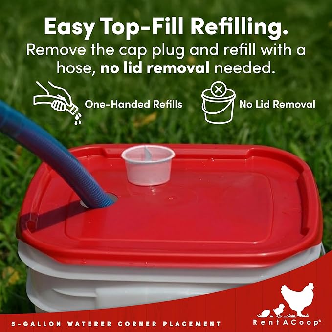 RentACoop 5 Gallon Chicken Waterer, BPA-Free Plastic Bucket Waterer Set with 4 Horizontal Nipples, Large Capacity Poultry Waterer - Corner Placement