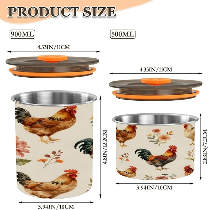 Farm Roosers Hens Coffee Canister 17oz Stainless Steel Airtight Food Storage Container with Lid for Beans/Cereal Preserval