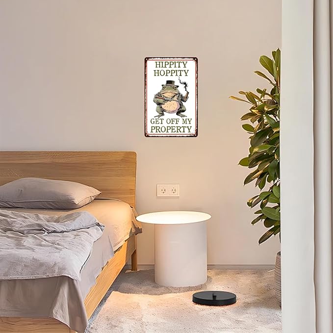 Tin Sign Frog Hippity Hoppity Get Off My Property Metal Sign Wall Decor for Bedroom Bar Cafe Kitchen Outdoor Yard 12×8 Inch