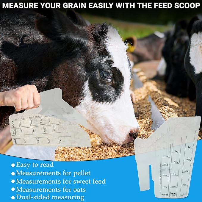 Clear Plastic Feed Scoop with Measurement Markings, Durable Sturdy Handle, Reusable Pellet Scoop for Horse Goat Sheep Cattle Stable Feeding, Large (2)