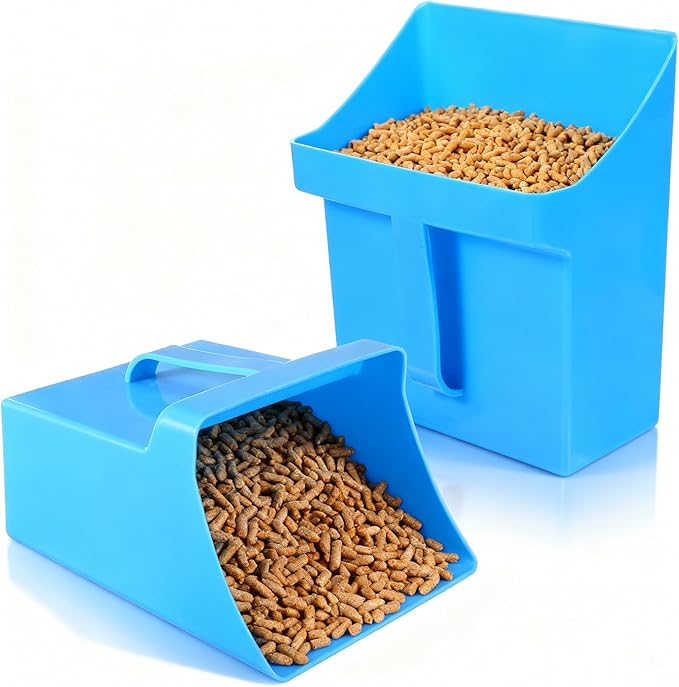 2 Pcs Large Feed Scoop 128 oz Plastic Grain Scoop Ice Seed Enclosed Bucket Utility Shovel with Side Handle for Horse Bird Chicken Livestock Animal Dry Food Restaurant Kitchen (Blue)