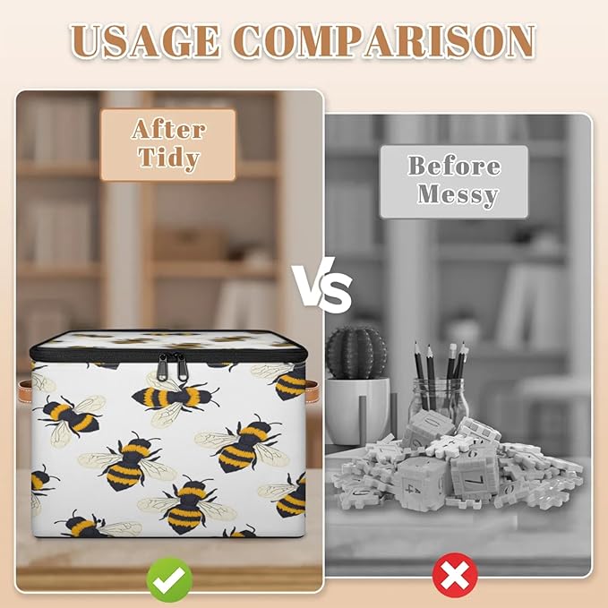 Storage Cubes with Lid Fabric Storage Bins Boxes PU Leather Handles, Cute Bee Closet Organizer Container Foldable Washable Shelf Cloth Basket, Honey Bee
