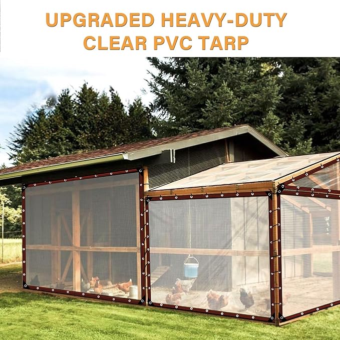 8X14FT Clear Waterproof Tarps (Increase Grommets,Windproof Rope Ties) Heavy Duty Poly Tarpaulin Outdoor Rainproof Covering, Clear Plastic Vinyl Tarp for Patio Enclosure Chicken Coop Tarp Cover