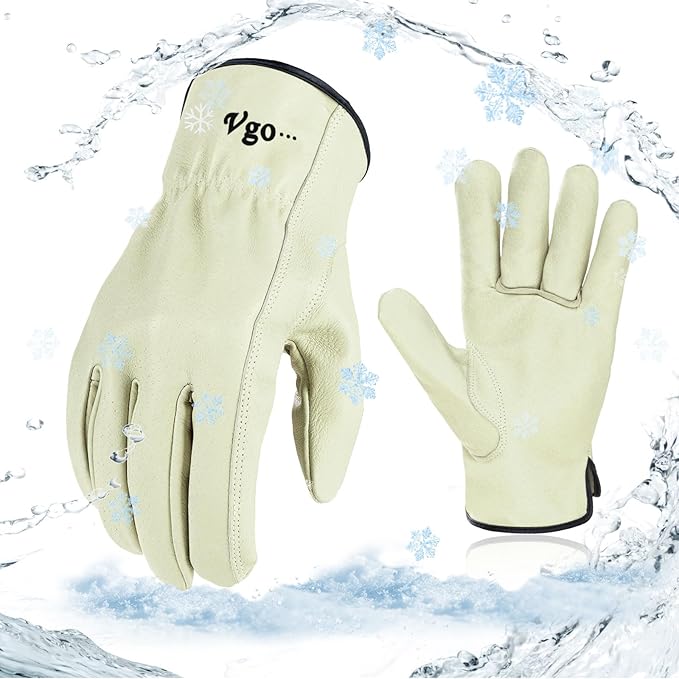 Vgo... 1 Pair 32℉ Lined Pigskin Leather Work and Driver Gloves, For Heavy Duty, Truck Driving, Warehouse, Gardening, Farm (Size M, Light Cyan, PA9501F)
