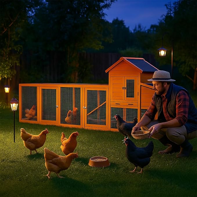 122" Large Chicken Coop Wooden Backyard Hen House - Indoor Outdoor Poultry Pet Hutch Garden Backyard Cage 2 Story Poultry Cage with Run, Chicken Nesting Box, Pull Out Trays and Anti-Slip Asphalt Ramp