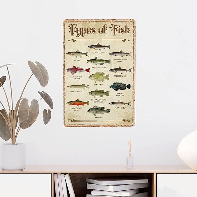 Fish Vintage Aluminum Sign Metal Types Of Fish Poster Wall Decor-Retro Fishing Decor Metal Tin Sign for Home Lake House Decor Bedroom Kitchen, Signs Gift,12''x 8''