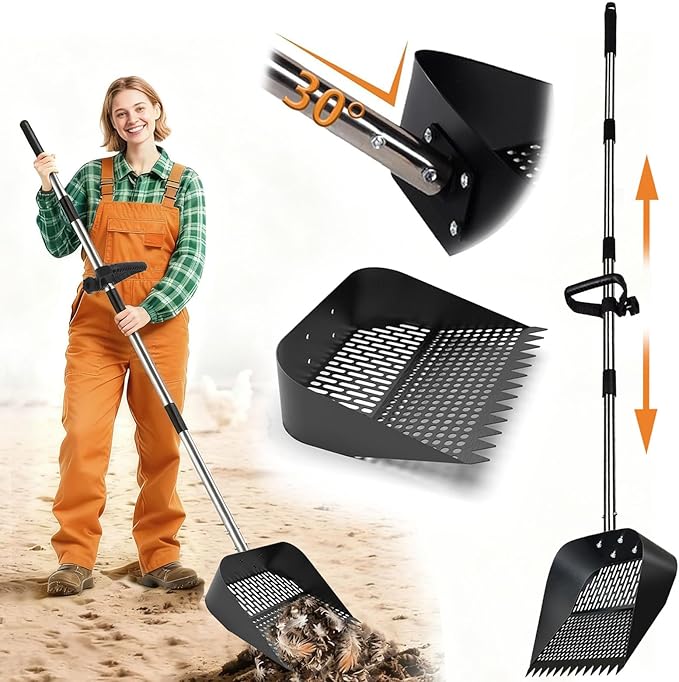Upgraded Chicken Poop Scooper & Rake 2-in-1, Metal Shovel Head Chicken Coop Scooper for Sand with 22 to 63" Adjustable Stainless Steel Handle, Chicken Scooper for Poop, Farm & Pet