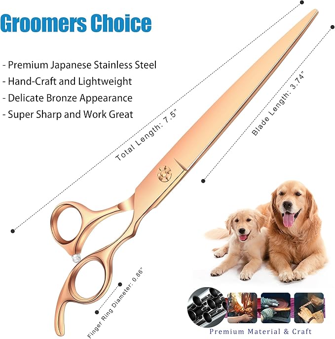 7.5" Dog Grooming Scissors Professional Trimming Cutting Shears for Dog Cat Pet Animal Grooming on Face and Paws Gold