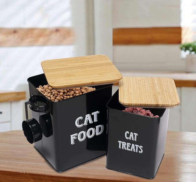 Cat Food Storage Container Farmhouse Pet Food Treats Bin with Lid and Scoop, Perfect Sturdy Canister Tins for Kitchen Countertop, Shelf, Great Gift for Pet Owners - Cat Food - Black