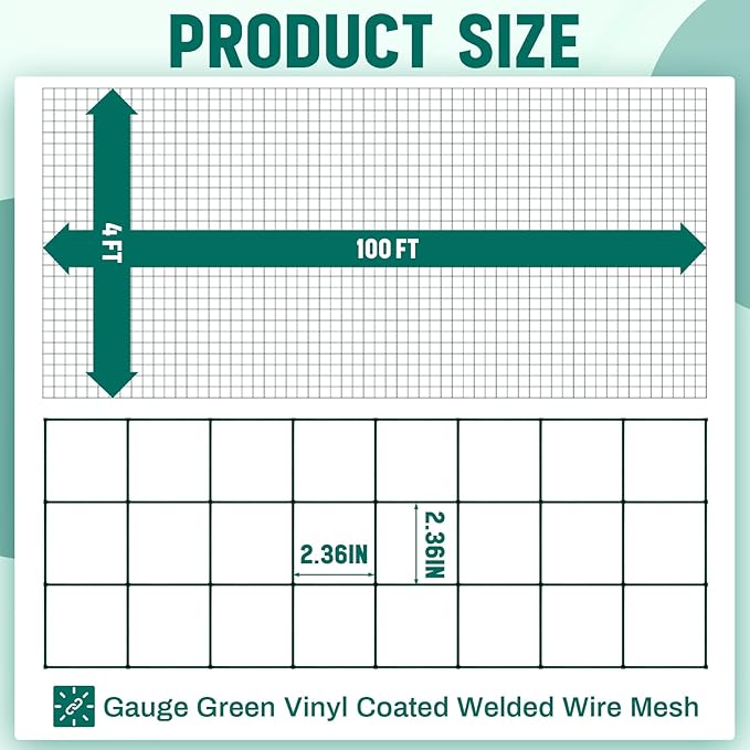 Gisafai Galvanized Welded Wire Fence 4 ft X 100 ft for Dog Chicken Hog Deer Goat Cattle 16GA Garden Border PVC Coated Fencing Roll Border Yard Vegetable Plant Animals Protection Poultry Netting(Green)
