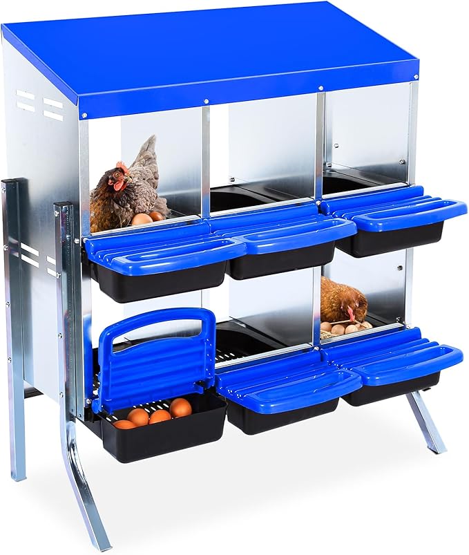 Garvee Chicken Nesting Box, 6-Hole Roll Away Egg Laying Box with Lid, Heavy-Duty Galvanized Steel Rustproof Design - Easy Egg Collection, Easy Clean (with Bracket Legs, Blue)