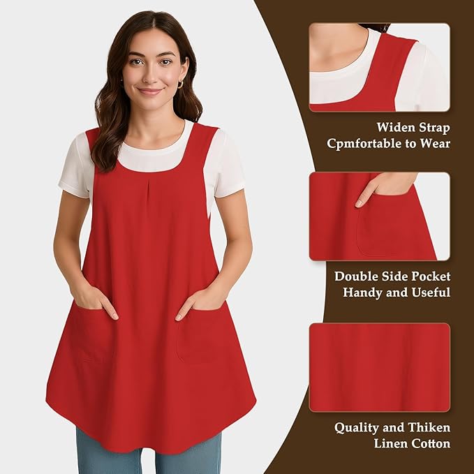 Apron for Women with Pocket Cotton Linen, Japanese Cross Back Apron for Gardening Painting
