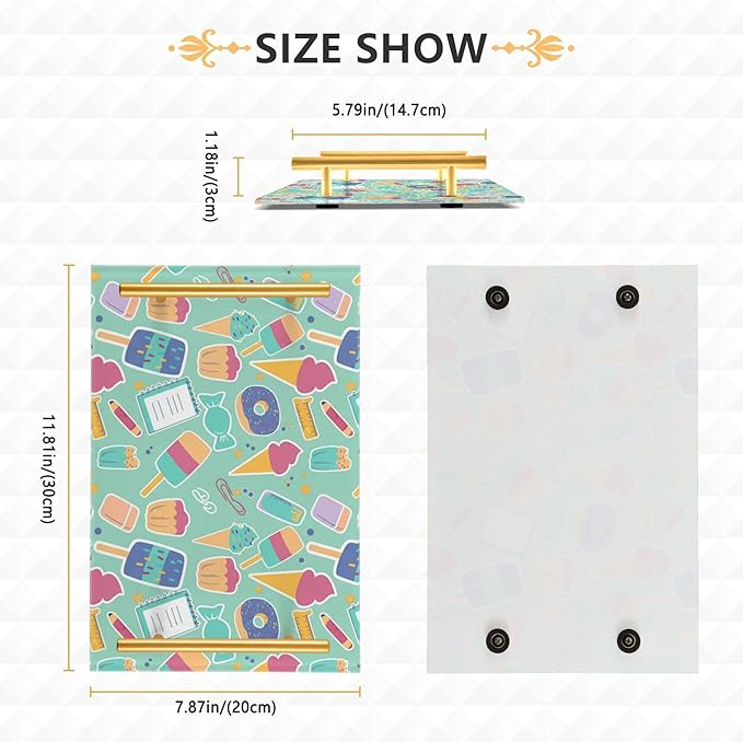 Bathroom Vanity Tray Counter Organizer, Stationery and Sweets Pattern Decorative Tray with Handles Countertop Storage for Bathroom Bedroom Kitchen Home Farmhouse