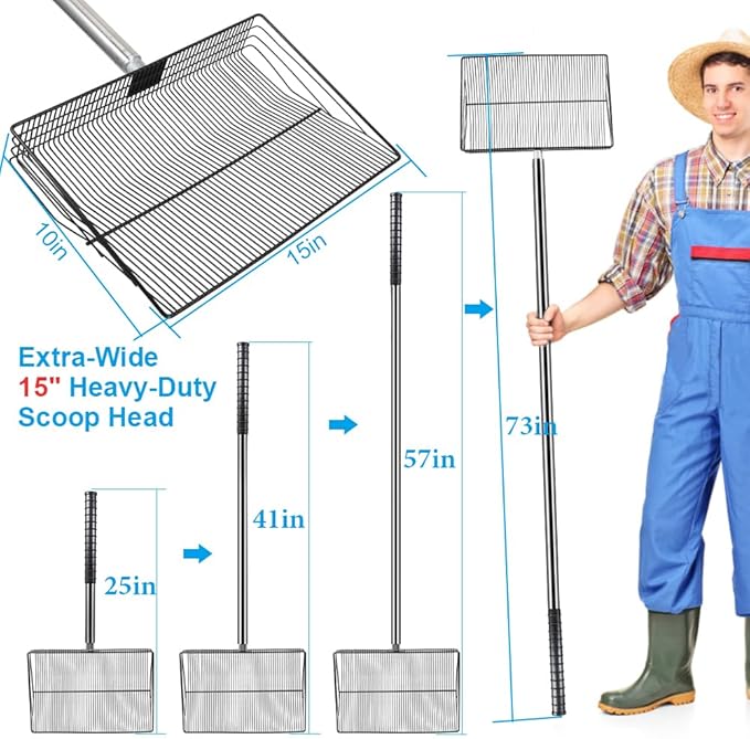 Heavy Duty Chicken Poop Scooper, 15 Inch Extra Large Chicken Coop Rake with Adjustable Stainless Steel Handle (25 to 73 Inch) for Chicken Coop & Farm Cleaning Tools