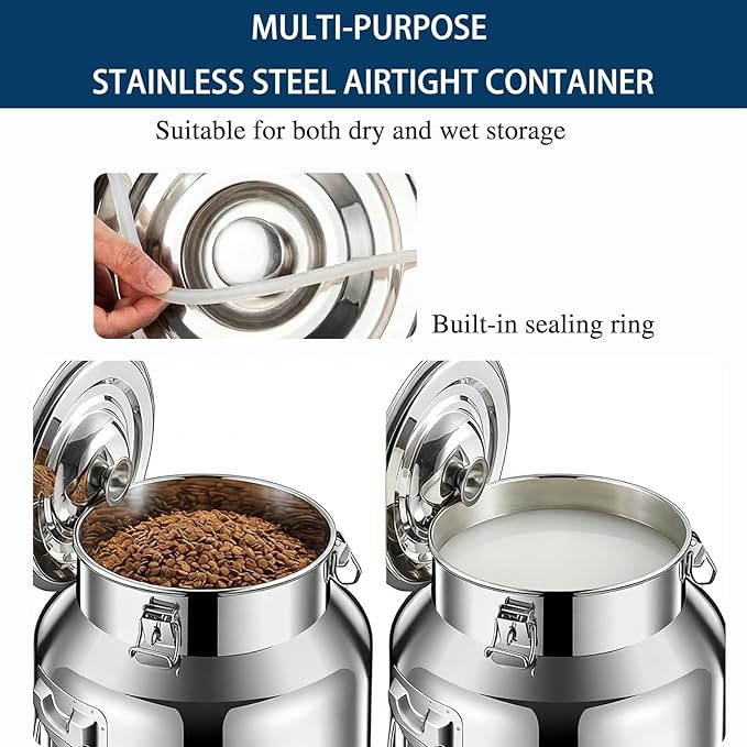 15 Lbs Stainless Steel Dog Food Storage Container with Scoop, Large Metal Dog Food Bin with Airtight Lid & Locking Clamp, Pet Treat Jars for Dogs & Cats, Keep Fresh, Easy to Clean