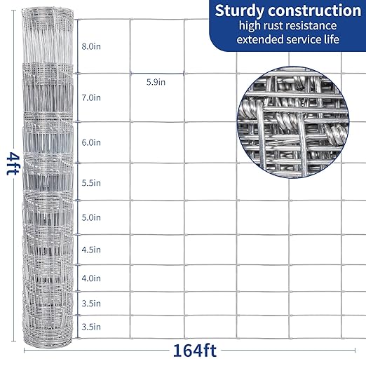 Livestock Fence, 4ft X 164ft Galvanized Wire Field Wire Fencing, Cattle Fence, Deer Fence, Heavy Zinc Coating Farm Fence Used to Hog Goat Fencing for Yard and Field Hog Horse