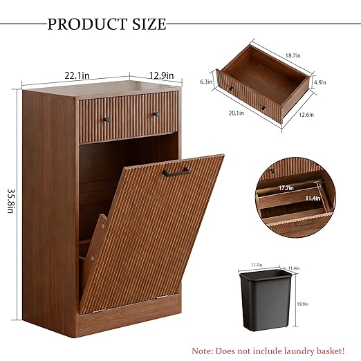 Single 10 Gallon Wood Grain Tilt-Down Trash Can Cabinet with Storage Drawer,Wood Grooved Recycling Cabinet with Wave Texture Hidden Pull-Out Trash Can for Kitchen,Bathroom (Trash Can Cabinet-Walnut)