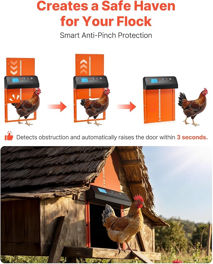 VEVOR Automatic Chicken Coop Door, Battery Powered Chicken Coop Door with Timer & Manual Setting, Anti-Pinch Security, Durable Aluminum Alloy, Chick Run Gate Opener with Waterproof Sealing, Orange