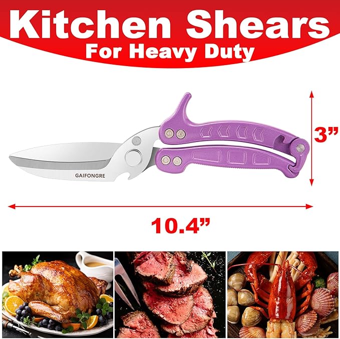 Heavy Duty Poultry Shears,Kitchen Shears for food Heavy Duty,Kitchen Scissors All Purpose,Rigid,Chicken,Fish,Meat,Easily Separable for Thorough Cleaning,Dishwasher Safe（PURPLE）