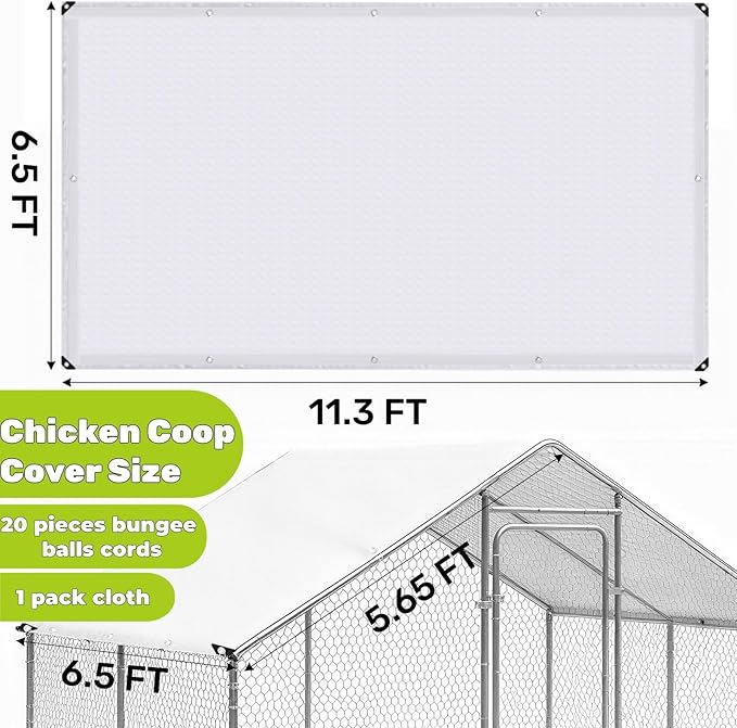 11.3 x 6.5 FT Chicken Coop Cover, Waterproof Chicken Run Tarp with 20 Ball Bungees Cords, Poultry Winterizing Insulation Blanket for Winter, Large Sun Snow Cloth for Outdoor, Easy to Install
