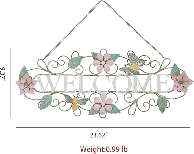 Queltharion 23.6'' L Vintage Metal Welcome Sign Hanging Decor Rustic Distressed Butterfly Bee Flora Welcome Wall Art Decoration for Outdoor Front Door Garden Farmhouse Porch Patio Yard Plaque Pink