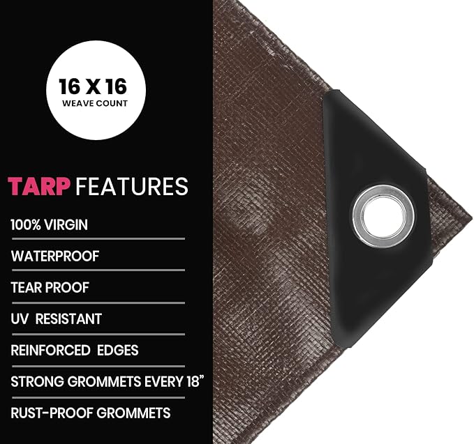 PROTARP Extreme Heavy Duty 22 Mil Tarp Cover, Waterproof, UV Resistant, Rip and Tear Proof, Poly Tarpaulin with Reinforced Edges for Roof, Camping, Patio, Pool, Boat. (Brown/Black 24′ X 30′)