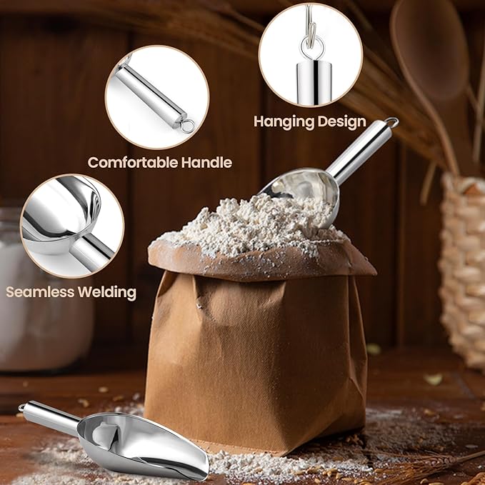 6oz Stainless Steel Ice Scoop for Freezer with Magnetic Hook – Dishwasher Safe Ice Scooper for Ice Machine – Metal Scoop for Ice Bucket, Dog Food, Flour, Canisters