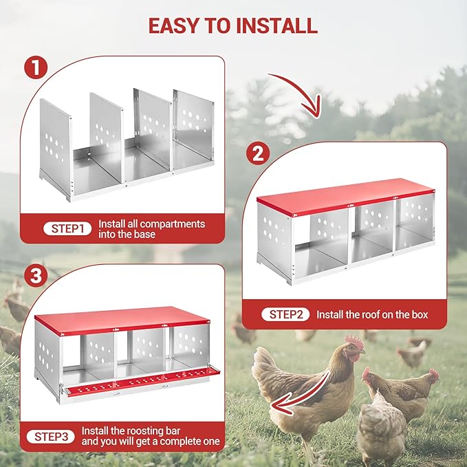 Metal Chicken Nesting Boxes - 3 Hole Wall-Mountable Laying Boxes with Roll-Away Egg Collection, Weatherproof Galvanized Steel, for Chicken Coop, Red